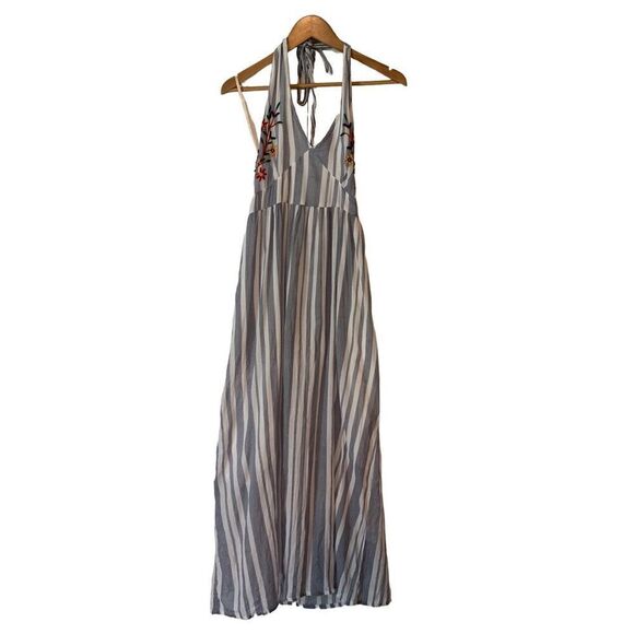 RAGA STRIPED MAXI HALTER EMBROIDERED DRESS SMALL - Picture 3 of 7